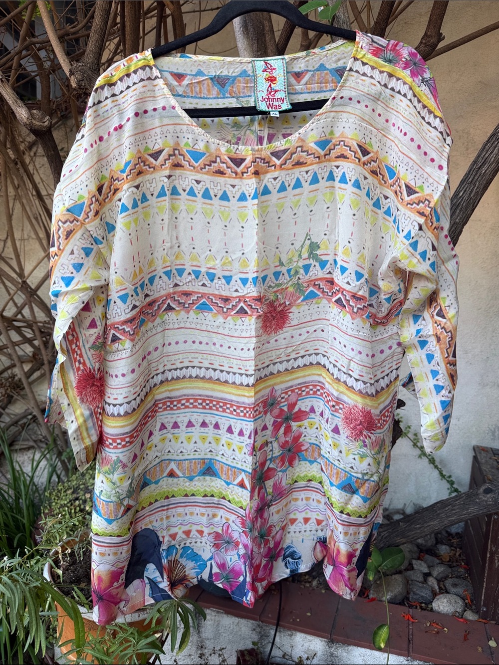 Johnny Was Cream Multi-Pattern Floral Boho Tunic with Pink & Blue Accents